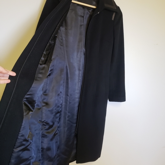 Tara Jarmon 36 Wool/Cashmere* Trench Coat Black Contrasting Faux Leather Trim - Picture 7 of 16